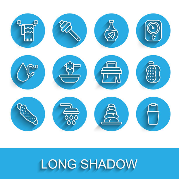 洗浴用品图标：挂在衣架上的洗脸巾、淋浴毛巾、堆叠的热石、桑拿桶、带碗的蜂蜜蘸棒和刷子图标。矢量图。图片下载