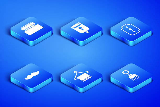 发刷、护肤霜或乳液化妆品管、毛巾挂架、胡须、男士电动剃须刀刀片和刀片图标。矢量图。图片下载