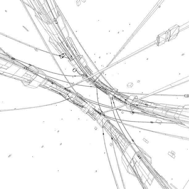 黑白色的空间站线框建筑图纸，展示了复杂的线条和点，背景为纯白色。图片下载