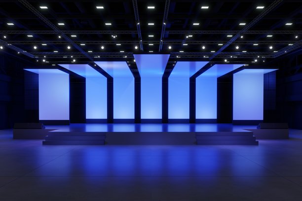 空舞台设计用于模型和企业形象展示。大厅中的平台元素。用于图形资源的空白屏幕系统。场景活动LED夜间灯光舞台。在线活动、会议、直播的3D背景。3D渲染。图片下载