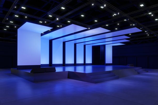 空舞台设计用于模型和企业形象展示。大厅中的平台元素。用于图形资源的空白屏幕系统。场景活动LED夜间灯光舞台。在线活动、会议、直播的3D背景。3D渲染。图片下载