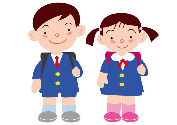 男孩和女孩穿着小学制服，背着书包。图片下载