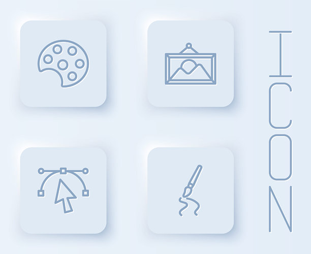 设置线条调色板，图片风景，贝塞尔曲线和画笔。白色方形按钮。矢量图。图片下载