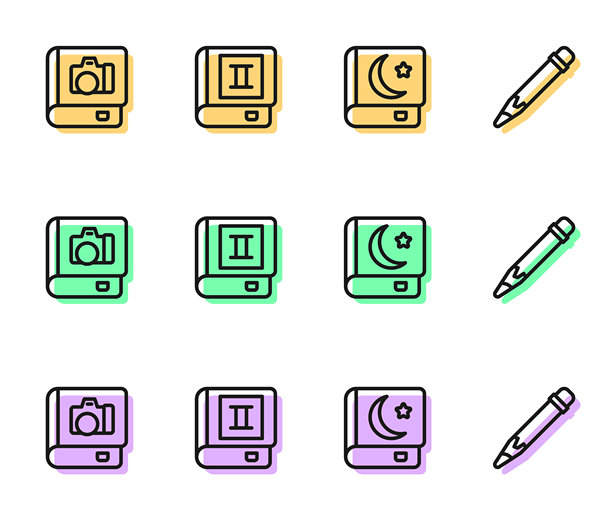 《古兰经》圣书，照片相册画廊，书本与带橡皮的铅笔图标。矢量图。图片下载