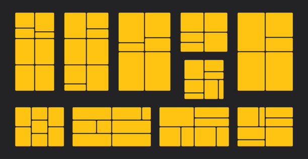 带圆角的黄色便当格子矢量模板。适用于照片、社交媒体或网页设计项目的色彩拼贴布局。图片下载