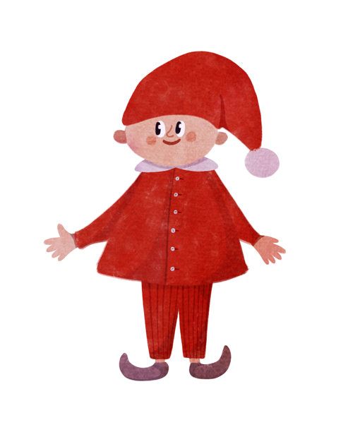 可爱的手绘圣诞精灵小孩，戴着红色帽子和服装，开心地微笑。非常适合节日贺卡、书籍或儿童装饰。儿童友好的插画风格。适合印刷和手工艺品。图片下载