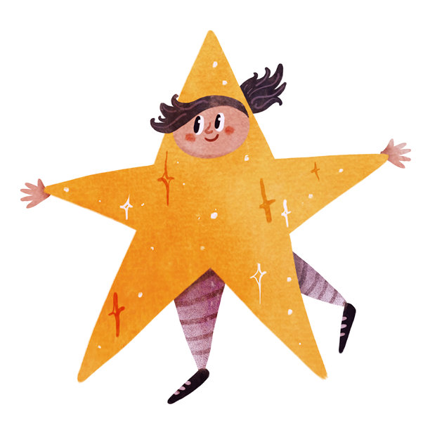 可爱的手绘小孩穿着黄色星星服装，快乐地跳跃，周围闪烁着光芒。非常适合节日贺卡、儿童书籍或派对装饰。儿童友好的插画风格。适合高质量印刷。图片下载