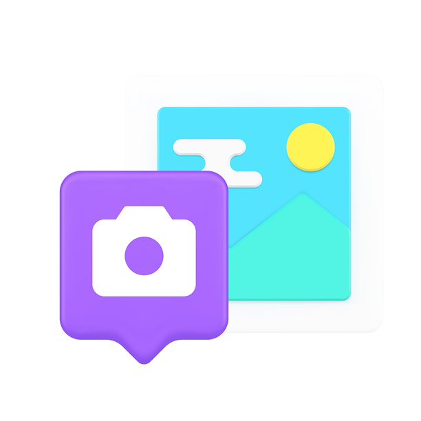 3D逼真的紫色相机图标、对话气泡和蓝色风景照片，用于多媒体影像。图片下载