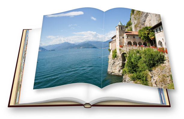 圣凯瑟琳古隐修院和修道院 - 位于马焦雷湖悬崖上的圣凯瑟琳 - 3D渲染的打开的照片书，孤立在白色背景上图片下载