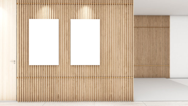 木墙房间中的相框模型，适用于图形设计，可放置图片或文字，3D渲染。图片下载