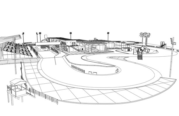 一幅黑白轮廓画，描绘了公园景观，包含建筑、树木、柱子、楼梯和栏杆，背景为白色。图片下载