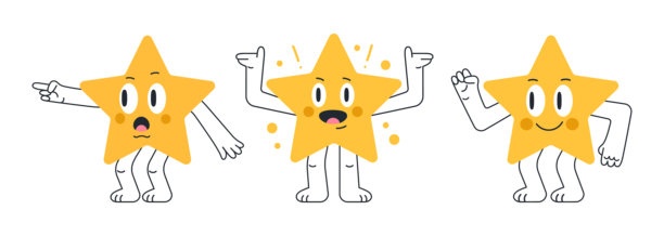 星形图案。卡通学前教育几何星形角色，带有搞笑表情的平面插图集。各种情感的搞笑星星吉祥物。图片下载