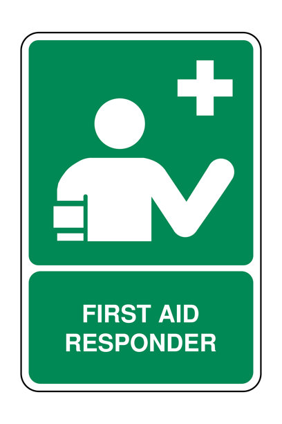 急救响应者符号在绿色安全标志上，带有说明，适用于工作场所和公共设施的紧急医疗援助图标，高质量矢量库存图片图片下载