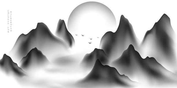 现代设计矢量插图，展示美丽的中国水墨山水画。图片下载