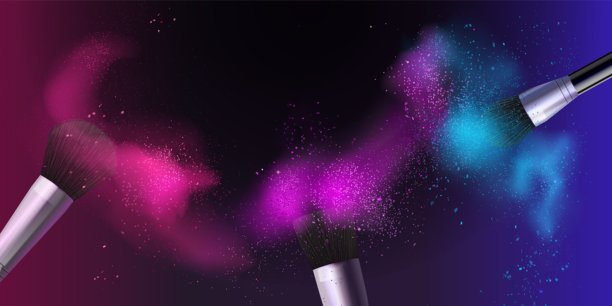 化妆刷的粉尘。奢华背景的化妆粉刷广告横幅，艺术家化妆工具用于腮红眼影画笔色彩烟雾设计，美丽的精确矢量插图。图片下载