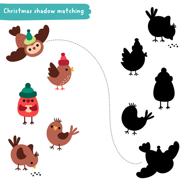 圣诞村影子匹配活动与鸟类。冬季假日拼图与传统动物。新年广场寻找正确轮廓的可打印工作表，游戏。图片下载