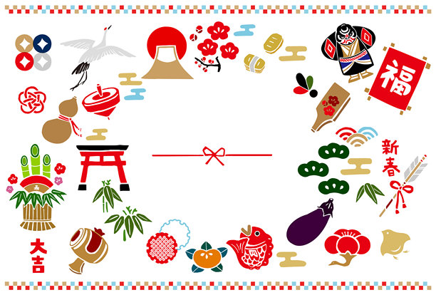 复古手绘日本风格的幸运符插图集。新年贺卡，新年，日本图案/日本风格背景素材图片下载