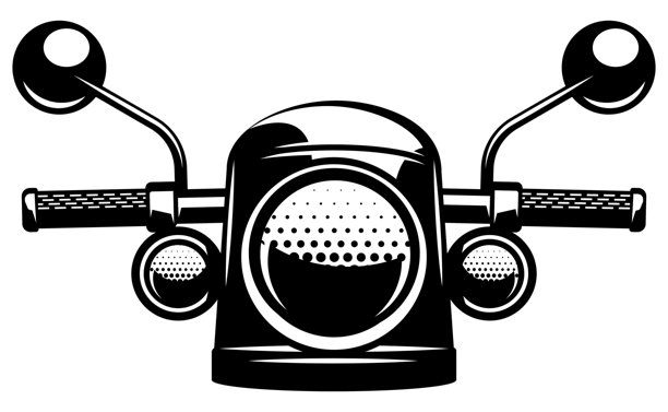 黑色单色轮廓风格的摩托车正面视图，带有把手、后视镜和前灯，背景为白色。图片下载