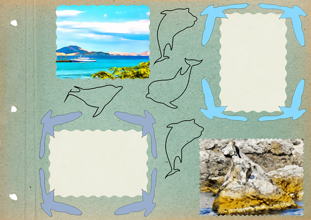 空白相框的照片专辑布局。旧相册中的页面用于放置照片。以度假和旅行为主题的剪贴簿风格构图。海洋、沙滩、情感。度假和旅行的主题。图片下载