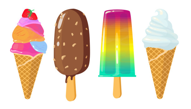 一组美味的卡通风格冰淇淋。矢量插图展示了甜美的奶油和水果冰淇淋，装在华夫筒和冰棍上，配有草莓、巧克力酱和坚果，背景为白色。图片下载