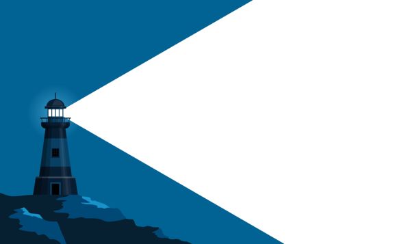 带有深蓝色光线的灯塔横幅，并留出文字空间。灯塔海岸或海洋海滩的岩石和灯塔建筑。平面最小海报为海洋广告，矢量背景图片下载