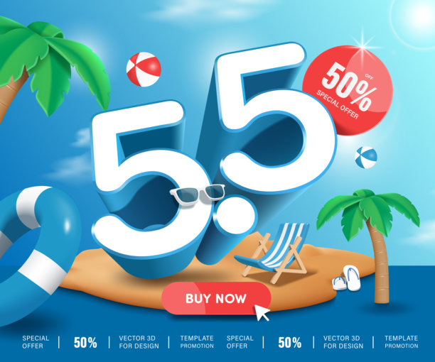 3D白色蓝色边框和50%模具折扣促销标志，置于明亮阳光背景下，配有椰子树和夏日氛围，适用于大型促销广告设计的矢量3D插图图片下载