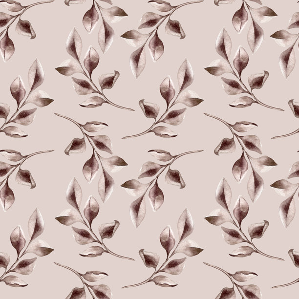 温和的植物元素手绘。重复的叶子在棕褐色色调水彩画上无缝模式孤立在粉彩背景。简约优雅的复古风格设计，适合纺织品、包装图片下载