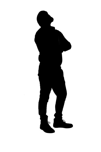 白色背景上，一个侧面轮廓的男人站着，双臂交叉，仰望着天空。图片下载