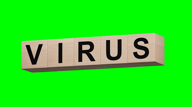 骰子组成单词“VIRUS”。3D渲染，绿色背景，适合视频素材和剪辑路径。图片下载