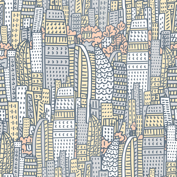 现代建筑和摩天大楼的城市大都会涂鸦风格。无缝矢量图案图片下载