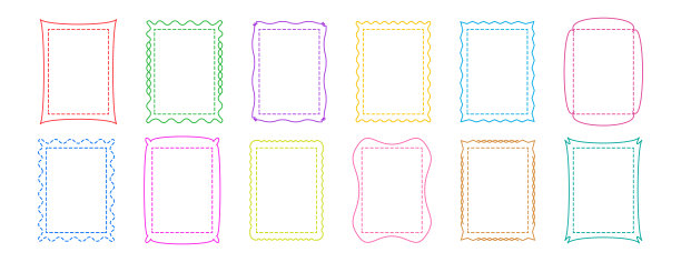 边框点状细线，框牌图标简单装饰，矩形形状框，彩色可编辑线条。几何冲刺和线性照片集，孤立在白色背景上。矢量图。图片下载