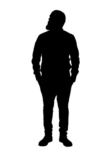 白色背景下，一个正面站立的男人剪影，双手插口袋，仰望天空。图片下载
