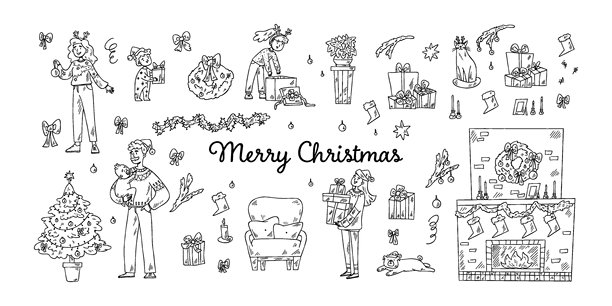 穿着圣诞毛衣和配饰的家庭，背景是圣诞室内装饰。非常适合图案、贺卡、涂色页和降临日历。图片下载