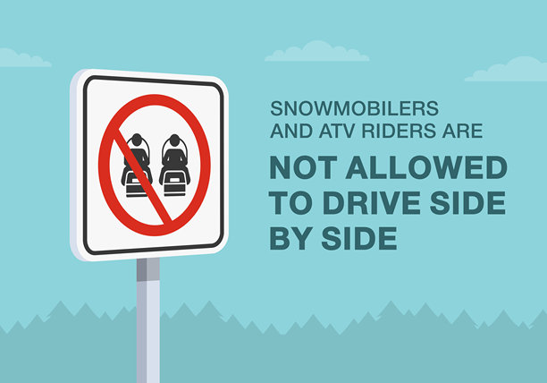 安全驾驶提示和交通规则。特写加拿大“雪地摩托车禁止超车”标志的含义。全地形车骑行者和雪地摩托车不得并排行驶。矢量插图。图片下载