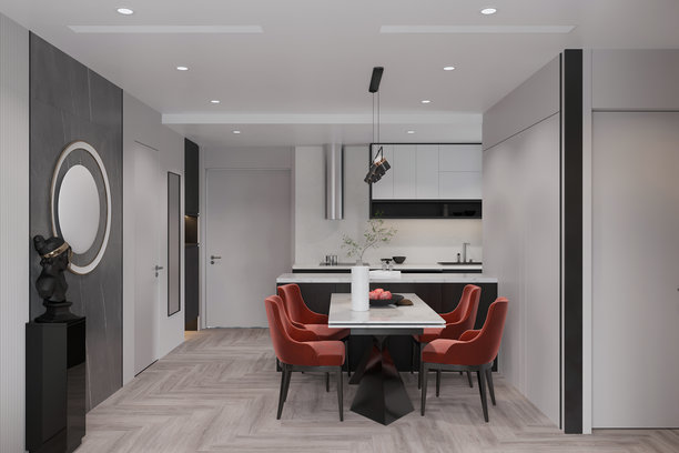 一张广角照片，展示了一个现代简约风格的餐厅，配有一张时尚的餐桌。图片下载