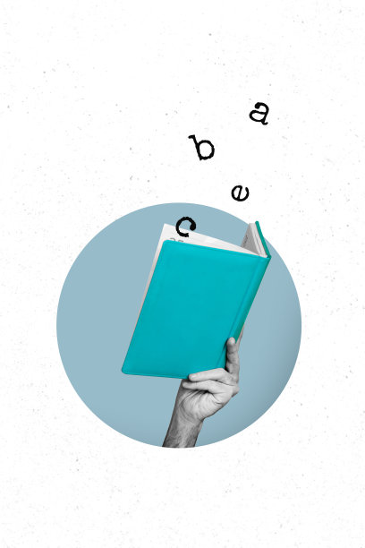字母的3D照片拼贴艺术作品，展示采访、故事写作、手握打开的书籍，教育、学习、阅读者、学生的爱好。图片下载