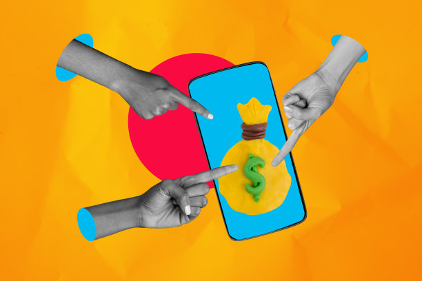 趋势横幅草图照片拼贴，展示手指肢体语言，手指指向智能手机在线银行应用，财务和钱袋。图片下载