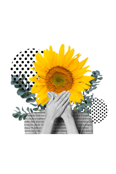 趋势艺术作品复合横幅照片拼贴，纸质文学、诗歌、信件、文字、女性身体、向日葵头、手势、十字、停止图片下载