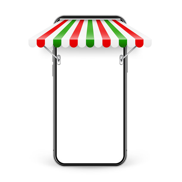 带有商店遮阳篷的智能手机，金属支架，在线购物。逼真的条纹咖啡店遮阳篷。户外市场帐篷。意大利国旗颜色的屋顶篷布。夏季街头商店。矢量插图图片下载