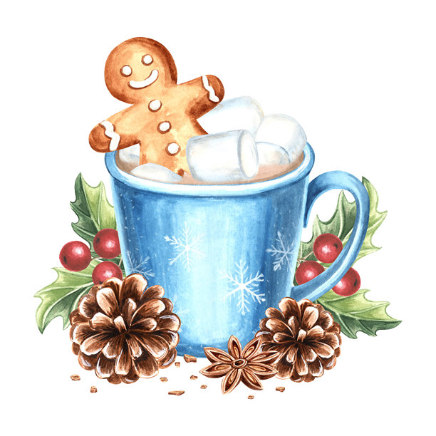 蓝色杯子里的热巧克力，配有棉花糖和姜饼人，旁边有松果和带浆果的冬青。用于食品设计的水彩插图。手绘的可可饮品杯子，适合冬季假日。图片下载