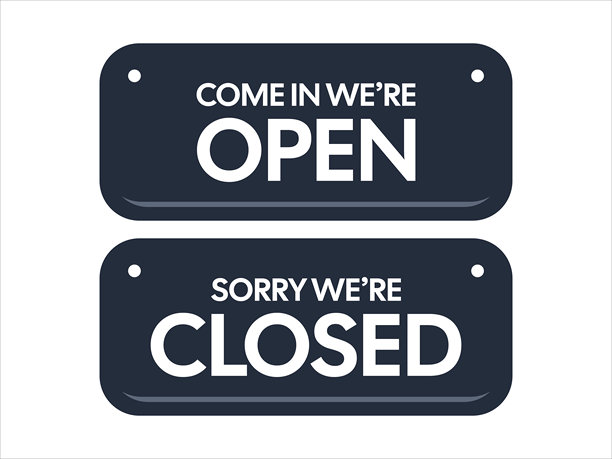 开放/关闭营业状态标志：深蓝色背景上的粗体白色文字，便于店面可见性和营业时间 | 高质量矢量库存图片图片下载