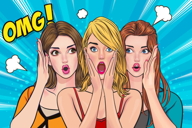女人在复古风格的波普艺术漫画中向朋友低声耳语秘密，惊讶不已。图片下载