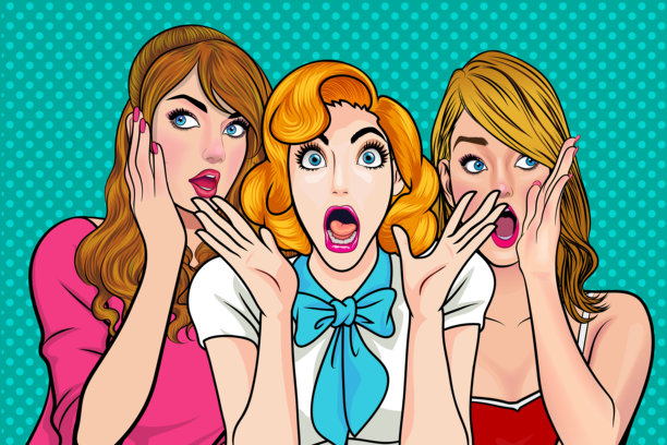 女人在复古风格的波普艺术漫画中向朋友悄悄传递惊人的八卦秘密图片下载