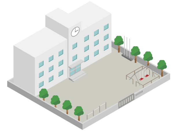 等角视图的小学建筑和学校操场图像素材图片下载