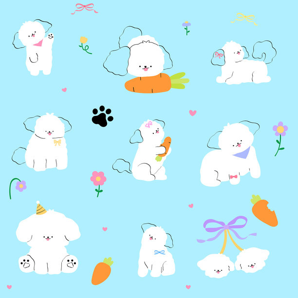 马耳他犬与胡萝卜、花朵和丝带蝴蝶结的平面插图组合图片下载