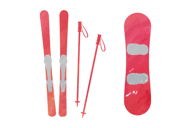手绘矢量插图，红色滑雪板、滑雪杖和单板滑雪板，背景为纯色。图片下载