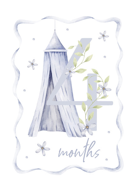 这是一个男孩。水彩手绘的每月数字卡片，配有婴儿床，蓝色花朵和波浪形丝带。四个月。婴儿每月里程碑卡片。新生儿照片拍摄用的每月卡片。图片下载