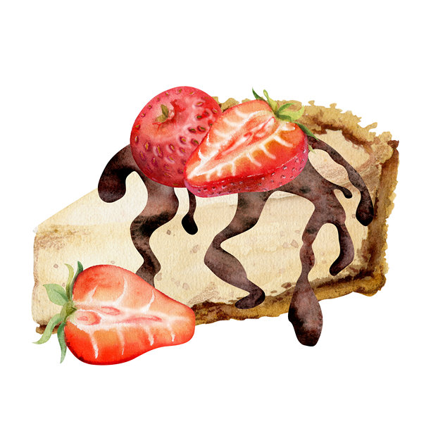 草莓奶酪蛋糕，上面覆盖着新鲜切片草莓和融化的巧克力糖浆，手绘水彩风格。甜品店品牌插图，数字食品博客套件，产品包装，咖啡馆设计。图片下载