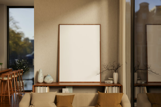 温馨风格的客厅中，木制书架前的墙上挂着一个大型空白画框或照片框。图片下载