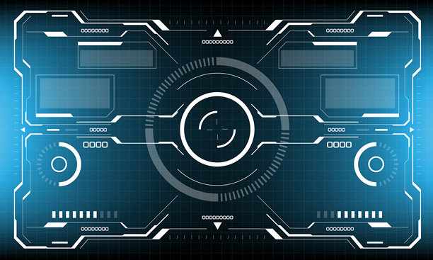 白色圆形几何设计的科幻界面屏幕视图，虚拟未来科技创意展示，蓝色背景矢量图。图片下载